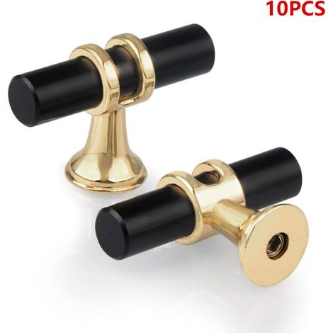 10 Pack Single Hole T Shape Drawer Knobs,Modern T Handle Cabinet Door Zinc Alloy Single Hole Knobs for Kitchen Furniture Wardrobe Closet Bedroom Screws Included,Black with Gold Base