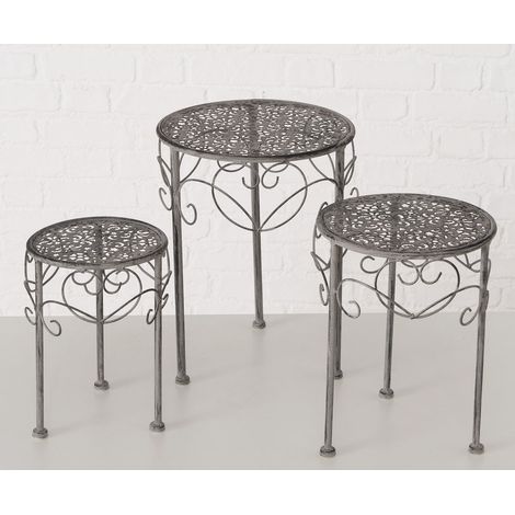 Vintage Pflanztisch ORANIA 3er Set - grau - Blumenhocker 40 / 34 / 27 cm mit Ornamenten - Pflanzen Ständer Beistell Deko Tisch