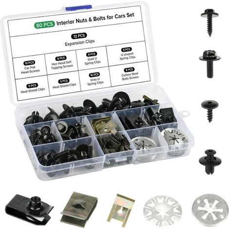 80 Pièces Vis & Clips Voiture Kit,Vis Carrosserie Voiture avec Verrouillage Rondelle Clips,U Clips Carrosserie & Vis de Soubassement,Clips de Fixation Voiture Kit pour Réparer les Pare Boues (1/5)