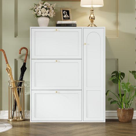 Mueble zapatero con 3 Solapas y 1 Puerta, Separadores Ajustables, en MDF y Tablero de Partículas, 90×25×114 cm, Blanco (1/5)
