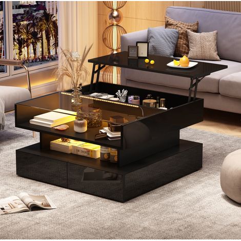 Table basse relevable 80 x 80 x 45 cm avec rangement, LED, verre trempé noir DESVIAE (1/5)
