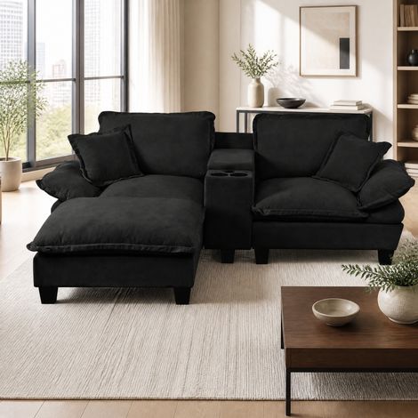 Canapé d’angle modulable 224x151x90 cm noir en chenille avec rangement, ports USB et porte-gobelets (1/5)