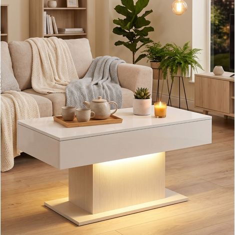Tavolino da caffè LED con contenitore, 2 cassetti, bianco lucido HAVRYA (1/5)