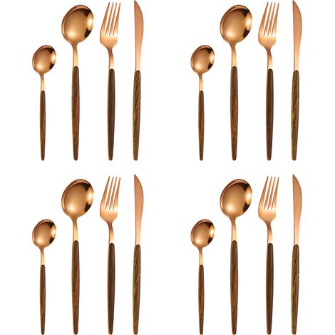 16 pièces couverts, manches bois mat, têtes dorées mates, acier inoxydable, service pour 4 personnes (1/5)
