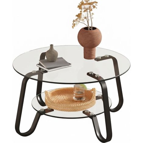 ELVMI Mesa de Centro Redonda con 2 Baldas de Vidrio de Seguridad, Estructura de Metal Negro, para Salón Pequeño (1/5)