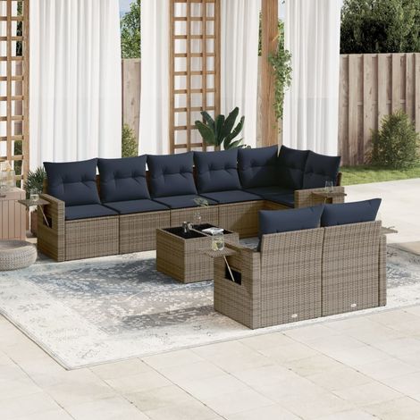 9-teiliges Gartensofa-Set mit Kissen, grau, Polyrattan (1/5)
