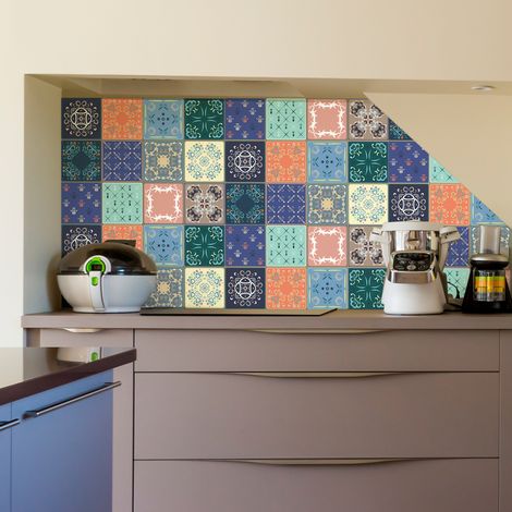Stickers muraux - Sticker Mural Carrelage adhésif Cuisine Salle de Bain - 9 STICKERS CARREAUX DE CIMENT SALTA - 12stickers10x10cm (1/4)