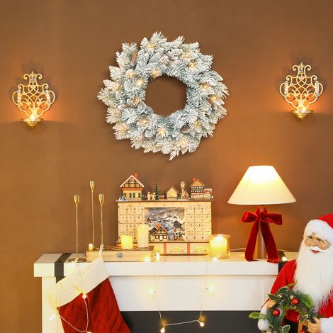 Couronne Noël lumineuse 60 cm 35 LED blanc chaud minuterie 98 pointes pommes pin blanc (1/5)