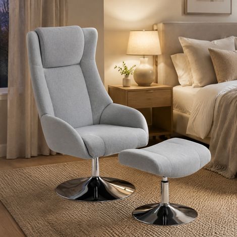 Poltrona relax girevole con poggiapiedi, reclinabile, tessuto grigio, 84 x 68 x 118 cm, OKWISH (1/5)