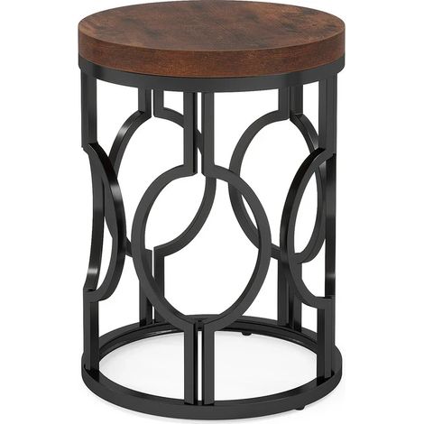 CHICFURN Tavolino rotondo 45x45x60 cm in MDF marrone rustico e metallo nero, stile industriale (1/5)