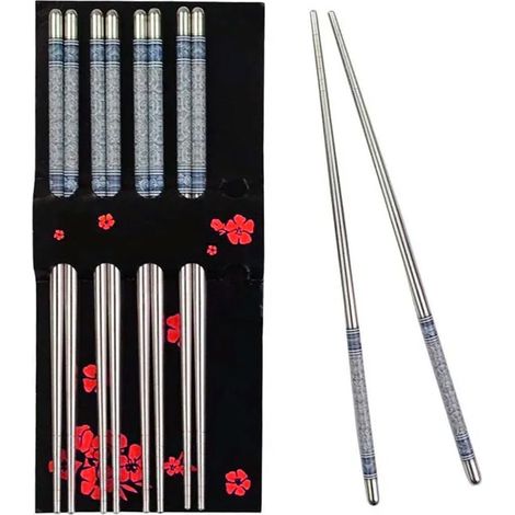 Baguettes Chinoises - Acier Inoxydable - Embouts Antidérapants - Motif Porcelaine Bleue Blanche - Lot de 5 Paires (1/5)