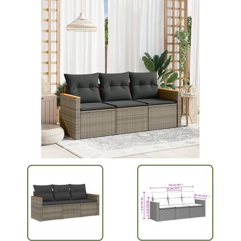 The Living Store 3-tlg. Garten-Sofagarnitur mit Kissen Grau Poly Rattan - Gartensofas - Outdoor Möbel - Gartenmöbel Set - Rattan Sofa - Lounge Set (1/3)