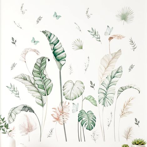 Sticker mural motif feuilles de palmier, plantes bohèmes, feuilles tropicales, feuilles de bananier et papillon, pour salon, chambre à coucher, chambre d'enfant, chambre de bébé, couloir (1/5)