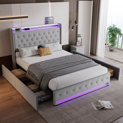 Luxury Grey Velvet Double Storage Bed with Soft Backrest, LED Lights & Charging Socket - 135x190cm