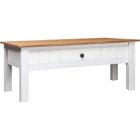 Table Basse Blanche 100x60x43.5 cm en Bois de Pin Massif Style Panama (1/5)