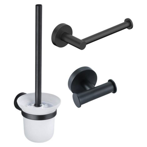 FugaFlow Eccelente Ensemble d’accessoires WC 3 pièces - porte-rouleau sans couvercle - brosse WC - double crochet rond pour serviette - noir mat (1/5)