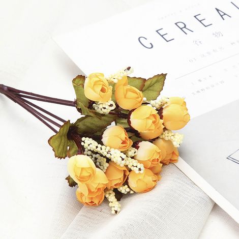 Capullo de rosa artificial con perla de seda amarilla para decorar arreglos florales.