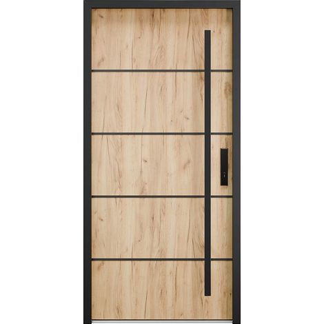 Porte d'entrée en acier pleine et inox H207 x L100 cm effet chêne - épaisseur 68 mm - poussant gauche - LUSADA