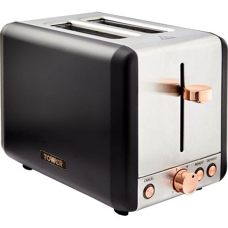 Tower T20036RG Cavaletto 2-Slice Toaster with Defrost/Reheat, Stainless Steel, 850W, Black and Rose Gold