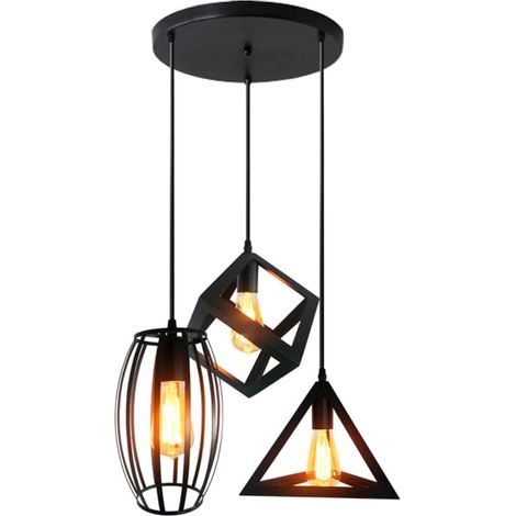 3-Flammige Pendelleuchte Vintage aus Metall Eisen E27 WürfelDesign Lampenschirm, Höhenverstellbar für Schlafzimmer, Wohnzimmer, Cafét, Bars(Schwarz)