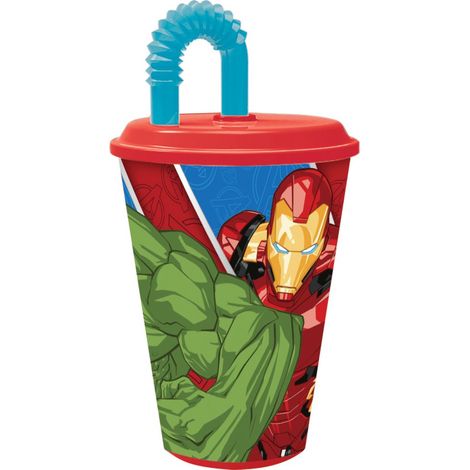 Marvel Bicchiere rosso e blu per bambini in plastica Avengers Iron Man Hulk 430 ml con cannuccia e coperchio flessibile (1/4)