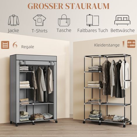 Armoire de rangement en tissu gris clair, 6 étagères + 1 barre de suspension, dressing léger et pratique (1/4)