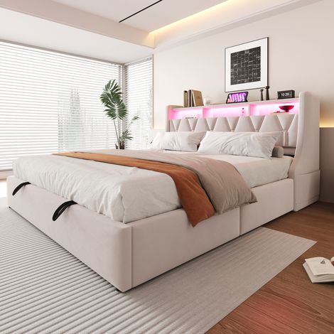 MEUBLIV Lit coffre 180 x 200 cm Lit double rembourré avec éclairage LED –tête de lit rabattable rangement – Rangement hydraulique – velours – beige blanc (1/5)