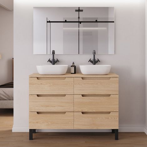 Meuble de salle de bain 140cm avec plateau et 2 vasques à poser arrondies - 6 tiroirs - roble era (chêne clair) - RIZA (1/5)