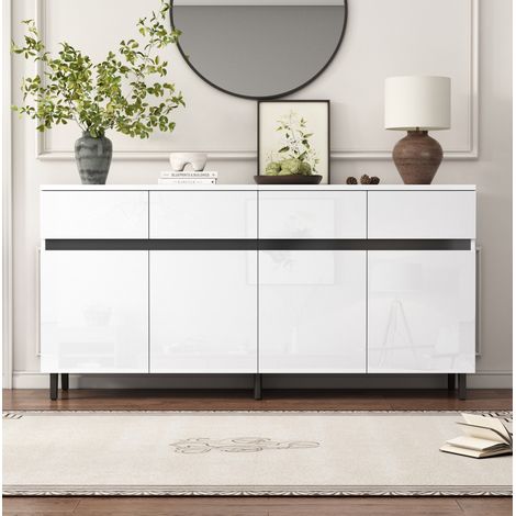 Credenza bianca 160 x 40 x 68 cm, 4 cassetti, ripiani regolabili, finitura lucida DESVIAE (1/5)