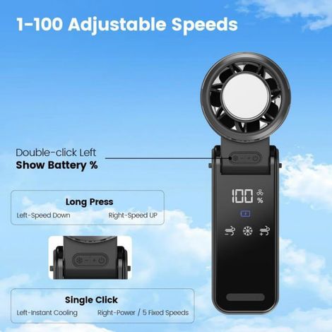 Ventilateur Portable - Turbo Sans Balais 10000 Tr/Min - 100 Vitesses Réglables - Pliable 120° - Compresse Glace Intégrée - USB Rechargeable - 1 Pièce (1/5)