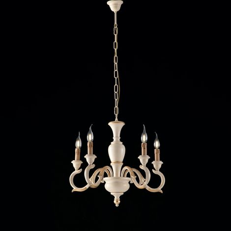 Lampadario Shabby Chic Fiorenza Legno Avorio Oro 5 Luci E14