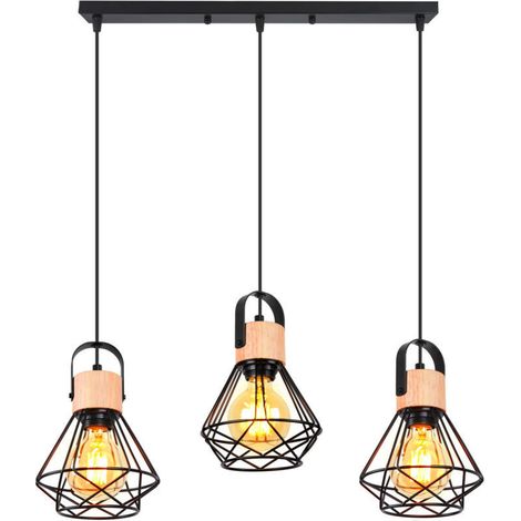 Suspension Luminaire Rétro 3 Lumières Lampe À Suspension Vintage Plafonnier D'Intérieur Moderne En Métal Et En Bois Noir