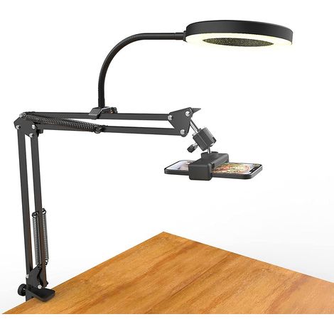 Support de téléphone suspendu avec anneau lumineux et bras flexible, trépied inclus.