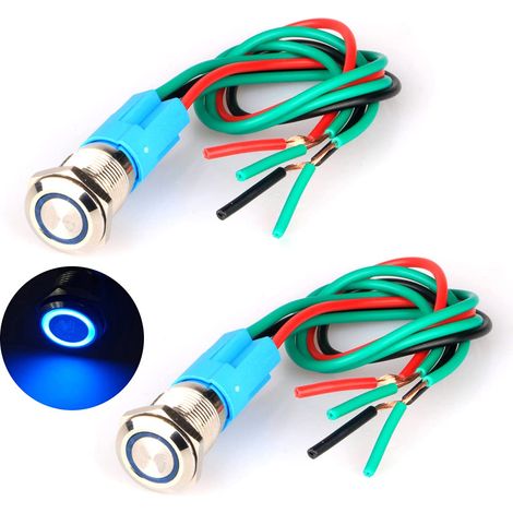 2 pièces 220V-230V/3A Bouton Poussoir Momentané Etanche Coque en Acier Inoxydable Anneau LED Bouton Lumineux avec Prise de Fil Adapté pour Trou de Montage de 12mm (Bleu) (1/3)