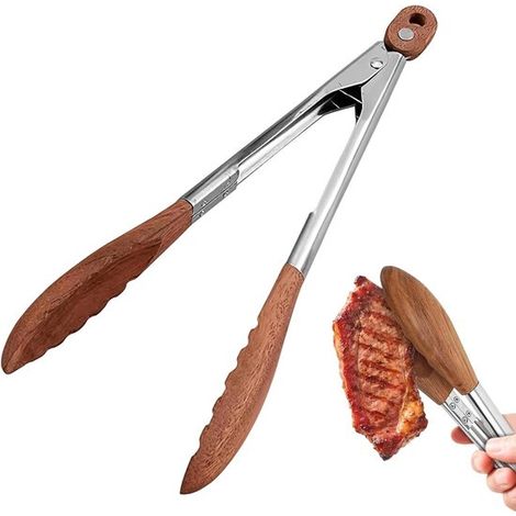Robuste Küchenzange aus Walnussholz und Edelstahl, hitzebeständige Grillzange zum Kochen, Braten und Grillen, ideal für Hobbyköche und Profis (1/5)
