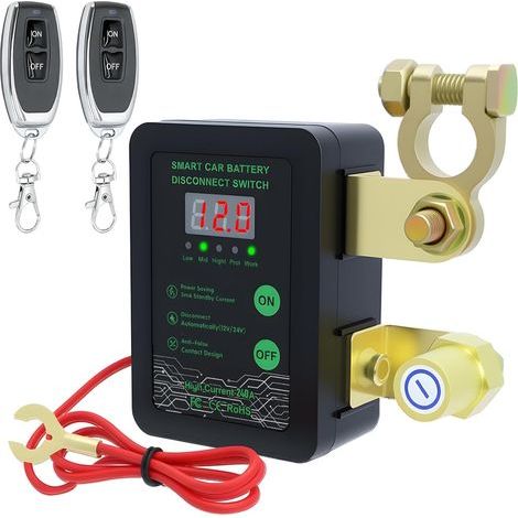 Disjoncteur de Batterie Sans Fil avec LED Affichage, Coupe Circuit Batterie 12V 24V Télécommande, Interrupteur D'arrêt Automatique pour Voiture RV ATV Camion Bateau Protection (Noir) (1/5)