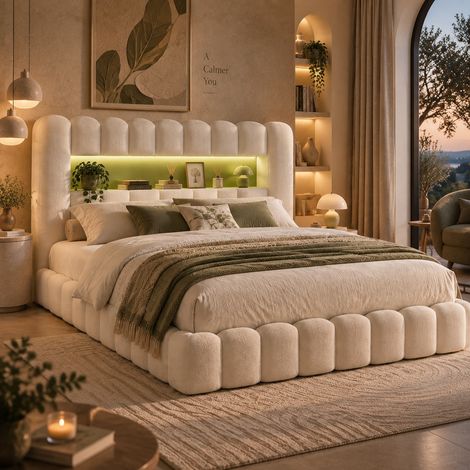 Lit coffre 160x200 cm beige avec sommier, Lit double rembourrée en lin avec rangement hydraulique, LED et USB