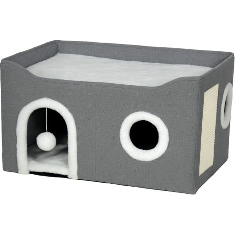 Foldable Indoor Cat Bed with Fluffy Ball and Scratch Pad for Small to Medium Pets in Grey (1/5)