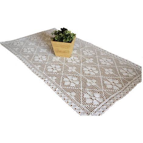 Camino de mesa de algodón blanco a crochet, 60 x 120 cm, encaje blanco (1/5)