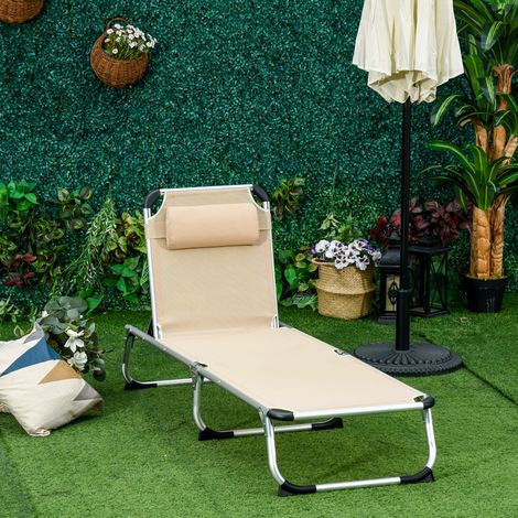 Chaise longue de jardin en aluminium beige, pliable, dossier réglable 4 positions, avec coussin amovible, 165x60x76 cm (1/5)