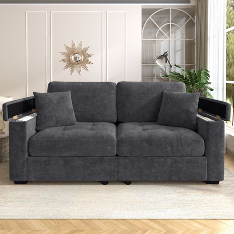 Canapé 2 places moderne de 180 cm pour salon, gris foncé, avec rangement dans l'accoudoir, tissu chenille doux, avec 2 coussins confortables et rembourrage en mousse haute densité pour un confort d'as (1/5)