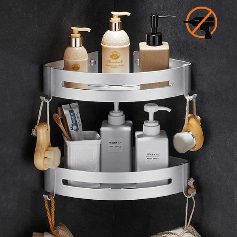 Eckduschregal, Badezimmerregal ohne Bohren, Duschkorb aus Aluminium mit Haken - Eckduschregal (Plata-doble) (1/3)
