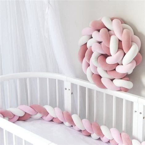 Tour lit bébé tressé 3 m – Velours, protection barreaux – Blanc, rose – Sécurité lit enfant (1/2)