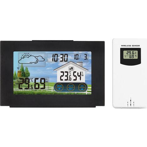 Stazione meteorologica wireless nera FOREHILL, orologio meteorologico digitale a colori con sensore esterno, termometro interno/esterno con data, temperatura, umidità, barometro, sveglia, fase lunare (1/3)