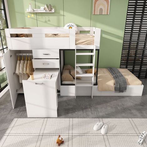 Lit superposé 90x200 cm blanc avec bureau escamotable, armoire, tiroirs, étagères et échelle (sans matelas)