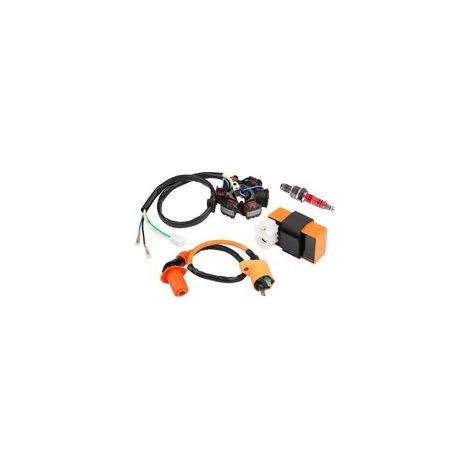 Bobine d’allumage haute performance pour scooter GY6 125 cm³ et 150 cm³ – Système CDI à 6 broches, stator-magnéto avec 6 bobines, bougie d’allumage incluse – Installation simple et rapide