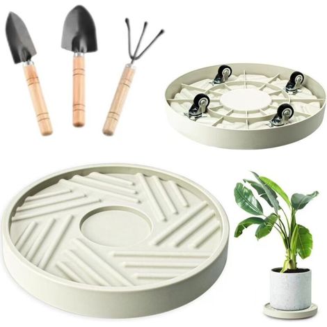 Plateau à roulettes pour plantes, base de pot de 30 cm, pelle de jardinage, support à plantes roulant, outils de jardinage inclus. (1/5)