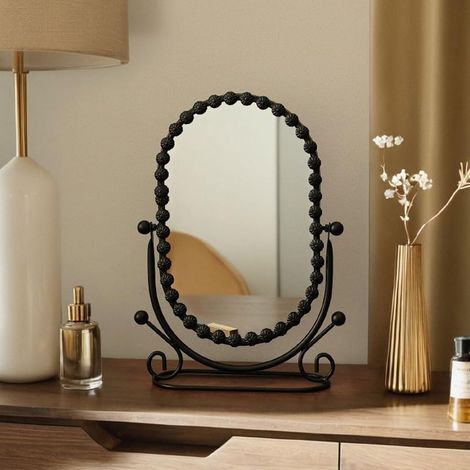 Miroir de bureau ovale sur pied avec cadre en métal pour salle de bain ou chambre à coucher (noir) (1/4)
