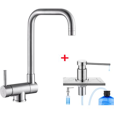 Cecipa Grifo de Cocina Plegable de Acero Inoxidable, Grifo de Cocina Plegable Mezclador de Fregadero + Dispensador de Jabón de Cocina con Contenedor de 300 ML Cepillado (1/5)