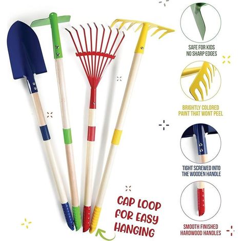 6 Pièces D'outils de Jardinage pour Enfants, 71CM Métal Grande Pelle Râteau Houoche Feuilles Râteau avec Bois Manche, Arrosoir, Gants - pour Enfants Extérieur Jardin Cour Pelouse Creuser Jouer